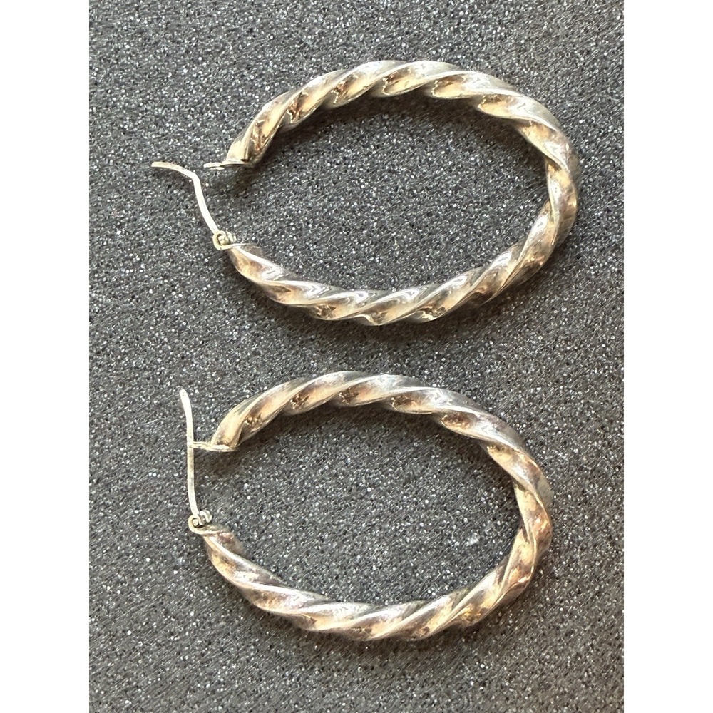Vintage 925 Sterling Silver Twisted Oval Hoop Earrings Ribbon Rope Wire Latch